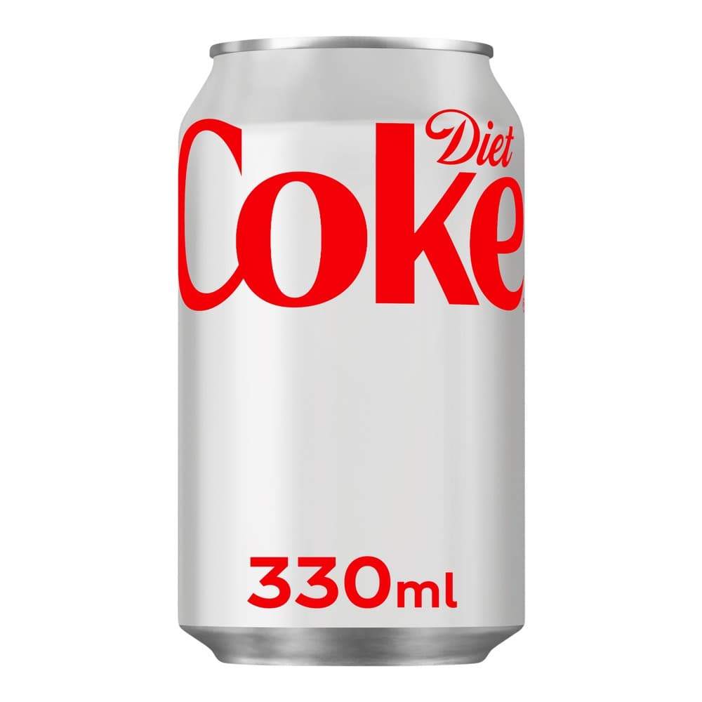 A silver aluminium can of Diet Coke featuring red branding and text against a white background, displaying the 330ml volume measurement.
