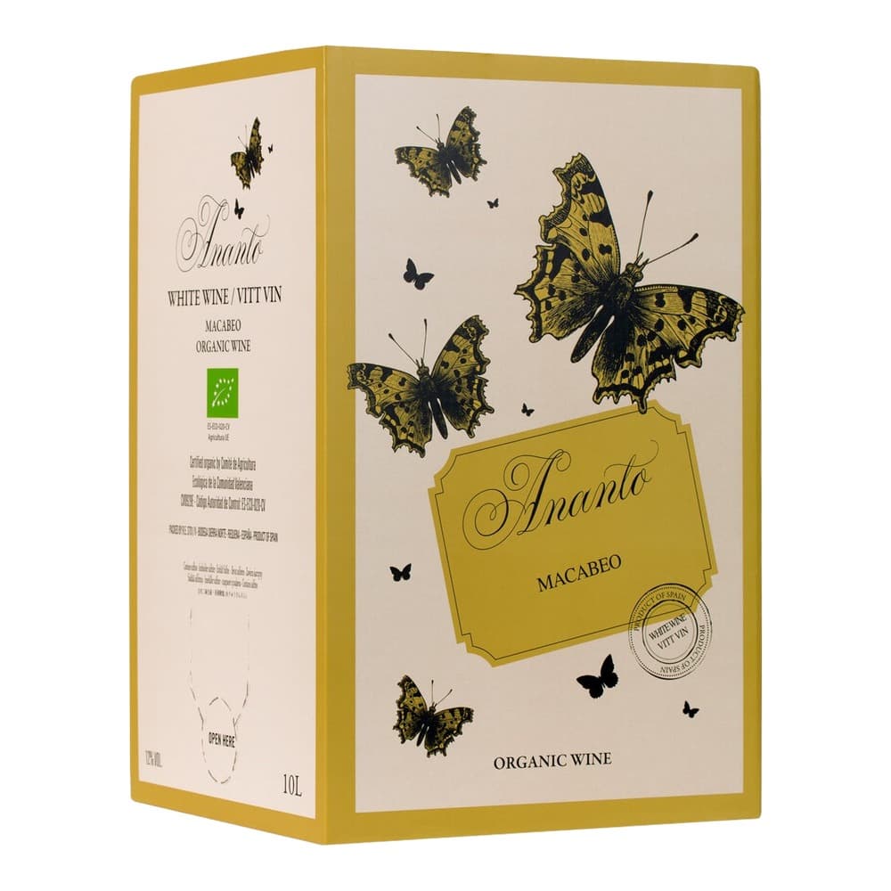 A gold-bordered 10-litre wine box featuring cream-coloured panels with butterfly illustrations and the Amanto Macabeo organic white wine branding.