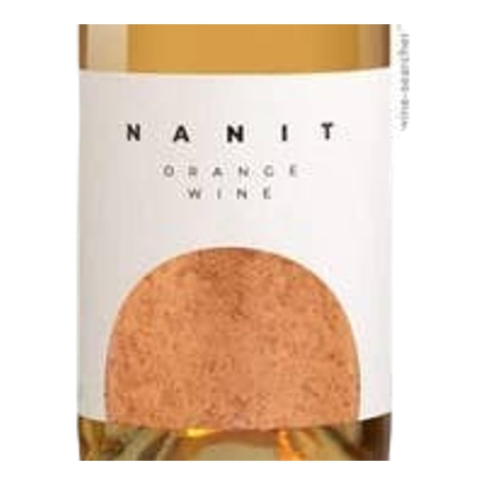 A bottle of Nanit Orange Wine featuring a cream-coloured label with a golden-orange circular design and cork top against a plain background.