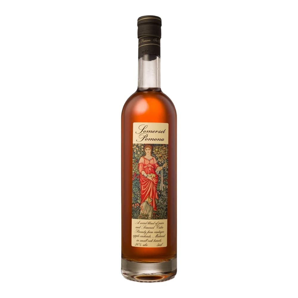 A bottle of Somerset Pomona cider with ornate vintage label featuring a woman in red robes against a decorative floral background, displayed against a plain white background.
