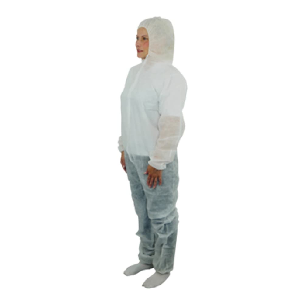 A person wearing a complete white disposable protective suit with hood, shown in full-length profile view against a white background.