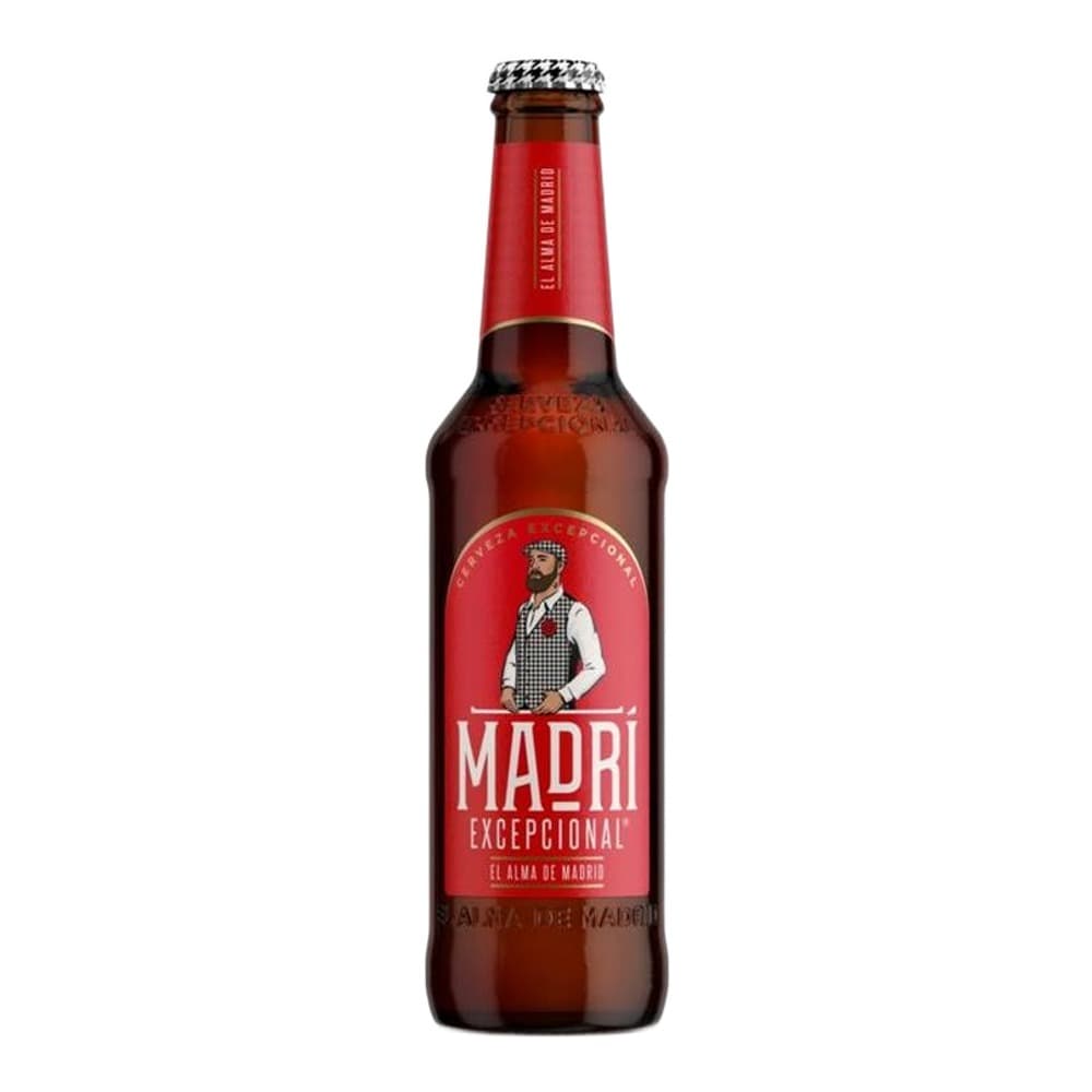 A bottle of Madri Excepccional beer with a red label and houndstooth-patterned cap against a white background.