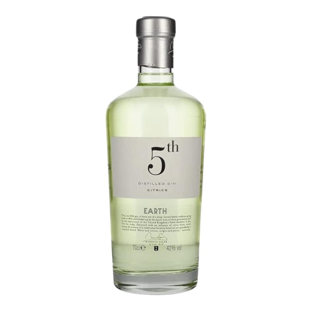 A bottle of 5th Earth citrics distilled gin with pale yellow-green liquid, displayed against a plain white background with a silver metal cap and product label.