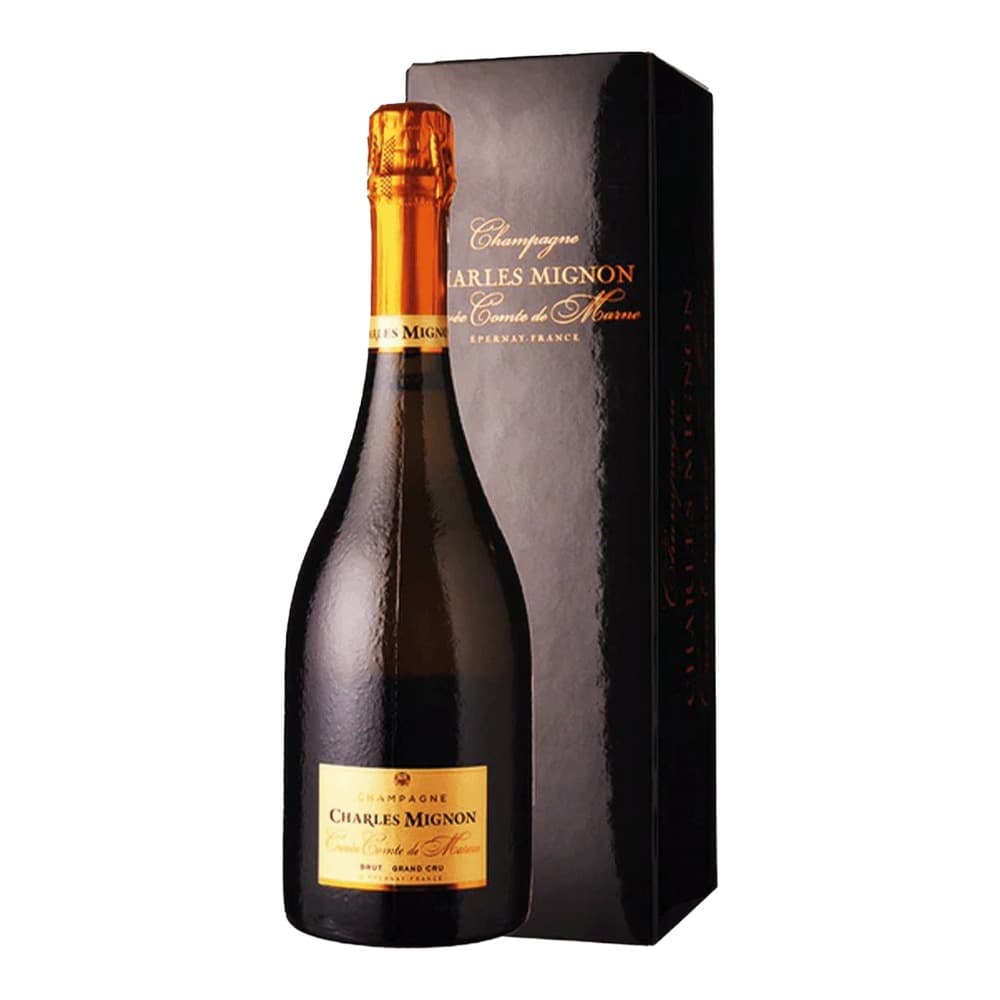 A bottle of Charles Mignon Champagne Comté de Marne with gold foil cap, presented alongside its premium black gift box on a white background.
