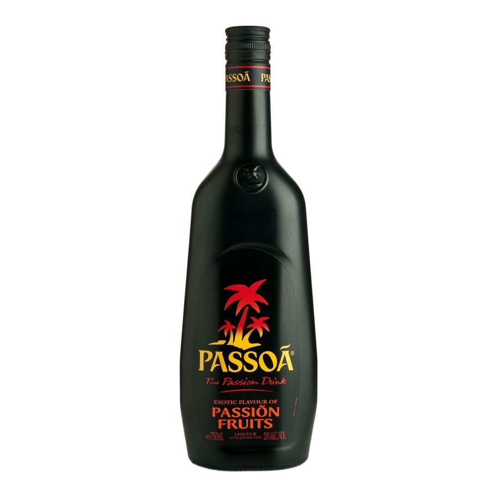 A black bottle of Passoá passion fruit liqueur with red and gold branding, featuring palm trees on the label, isolated against a white background.