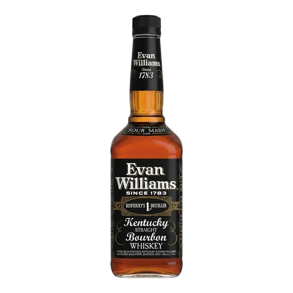 A bottle of Evan Williams Kentucky Straight Bourbon Whiskey with a black label and amber liquid, displayed against a white background.