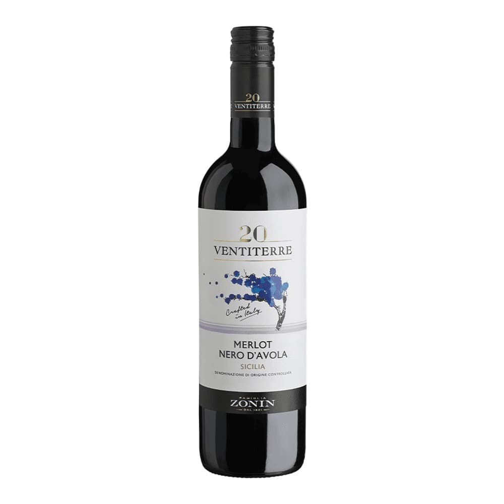 A bottle of Ventiterre Merlot Nero d'Avola Sicilia wine with a white label featuring a blue watercolour grape cluster design, photographed against a plain white background.
