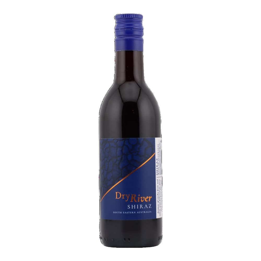 A bottle of Dry River Shiraz red wine from South Eastern Australia with a blue label and purple screw cap, photographed against a white background.