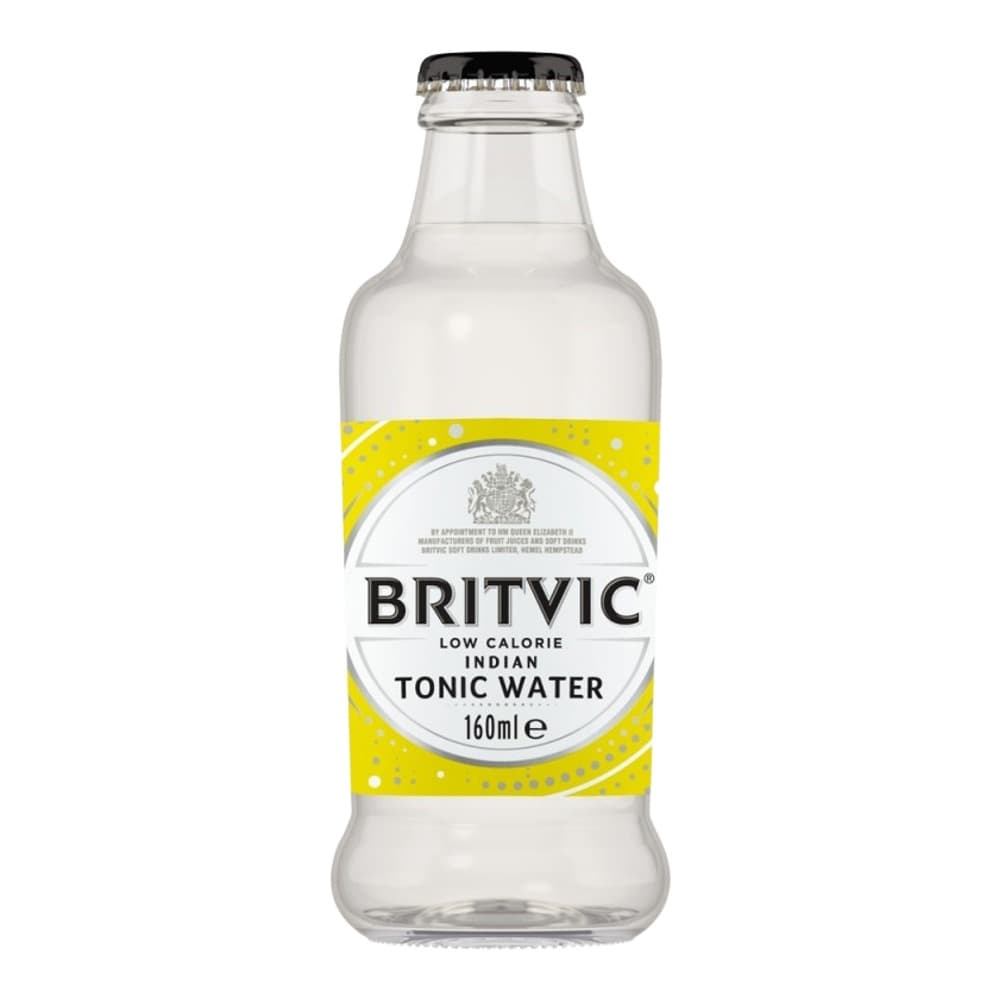 Clear glass bottle of Britvic Low Calorie Indian Tonic Water with yellow label and black cap, displayed against a white background.