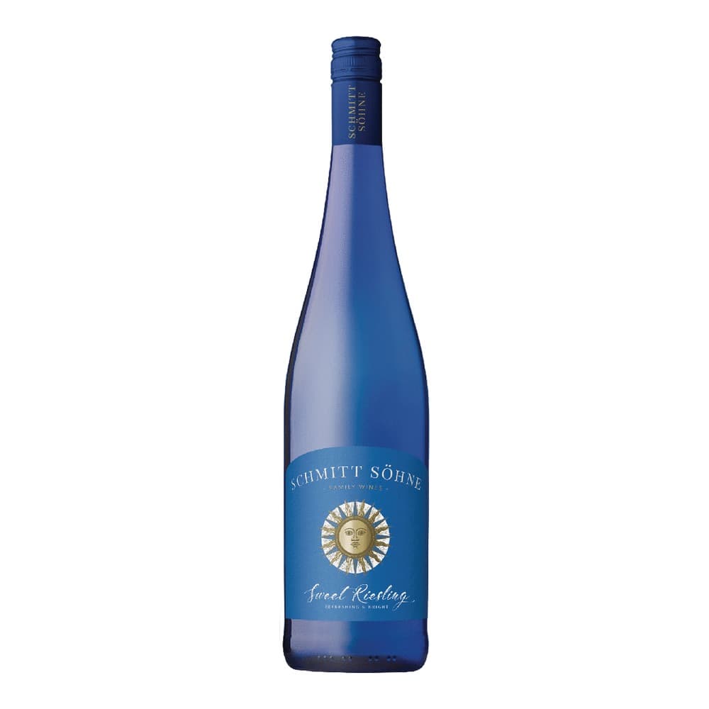 Blue glass bottle of Schmitt Söhne Sweet Riesling wine with decorative sun logo on label, isolated on white background.