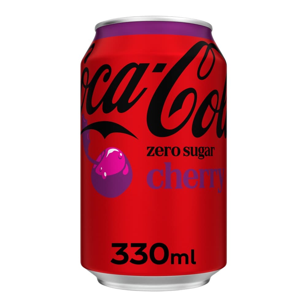 Red Coca-Cola Zero Sugar Cherry aluminium can with black logo and purple cherry illustration on white background