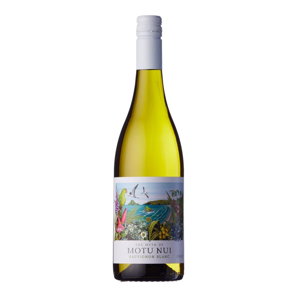 A bottle of The Myth of Motu Nui Sauvignon Blanc white wine with a decorative colourful label featuring tropical birds and island landscape imagery, displayed against a plain white background.