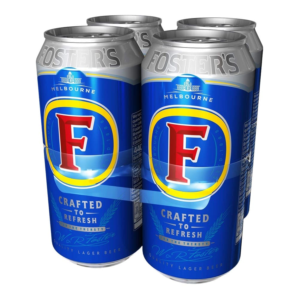 Four aluminium cans of Foster's Melbourne lager beer featuring blue label with large red 'F' logo on white background