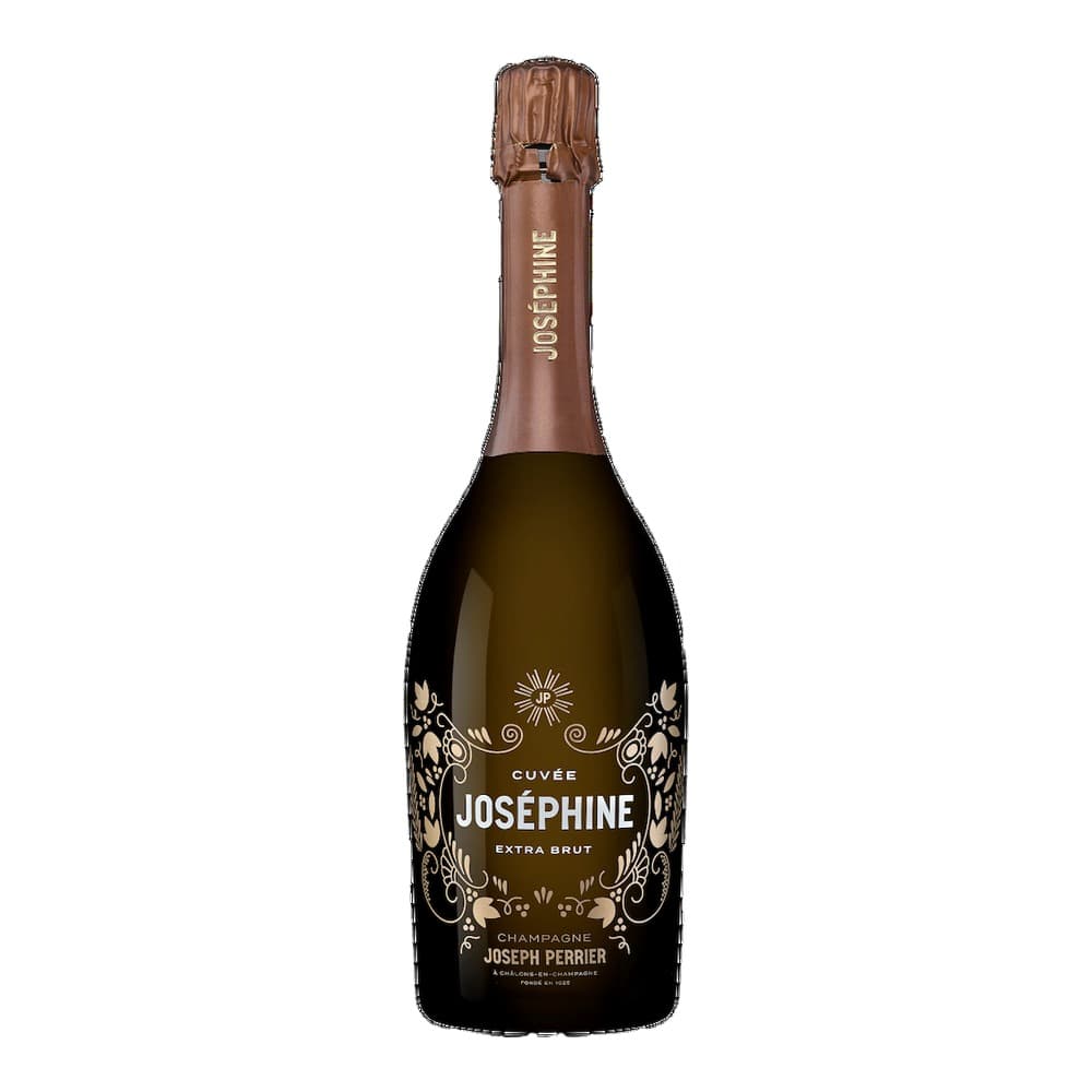 A bottle of Cuvée Josephine Extra Brut Champagne by Joseph Perrier displayed against a plain white background, showing ornate label design with cream-coloured text and decorative elements.