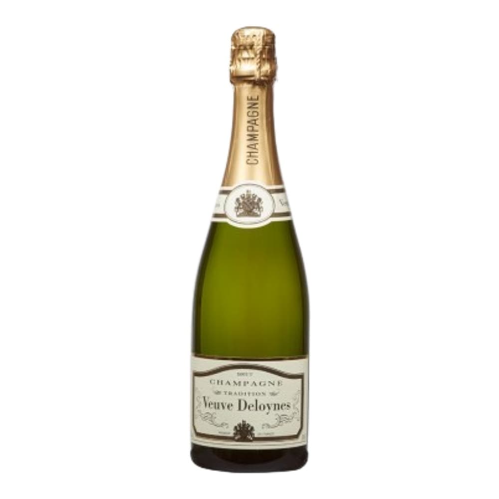 A bottle of Veuve Deloynes champagne with a gold foil cap and white label, isolated on a plain white background.