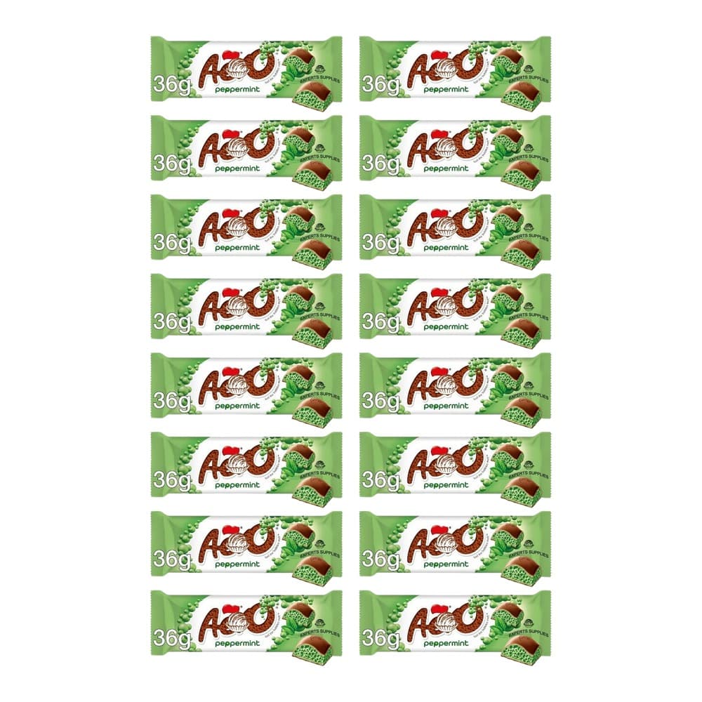 Grid display of multiple Aero peppermint chocolate bars in green packaging, each 36g, showing the product logo and mint-flavoured chocolate design.