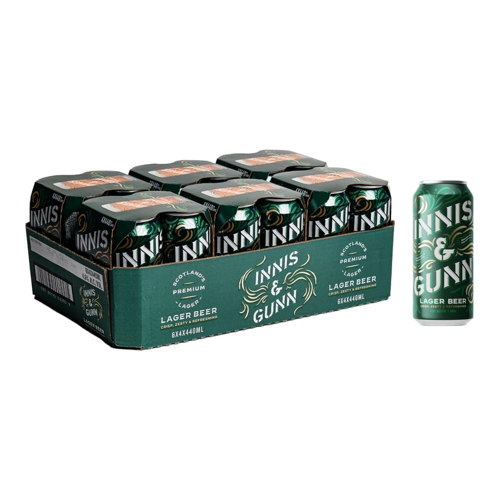 A six-pack of Innis & Gunn premium lager beer cans (6x440ml) displayed on a white background with a single can shown separately to the right