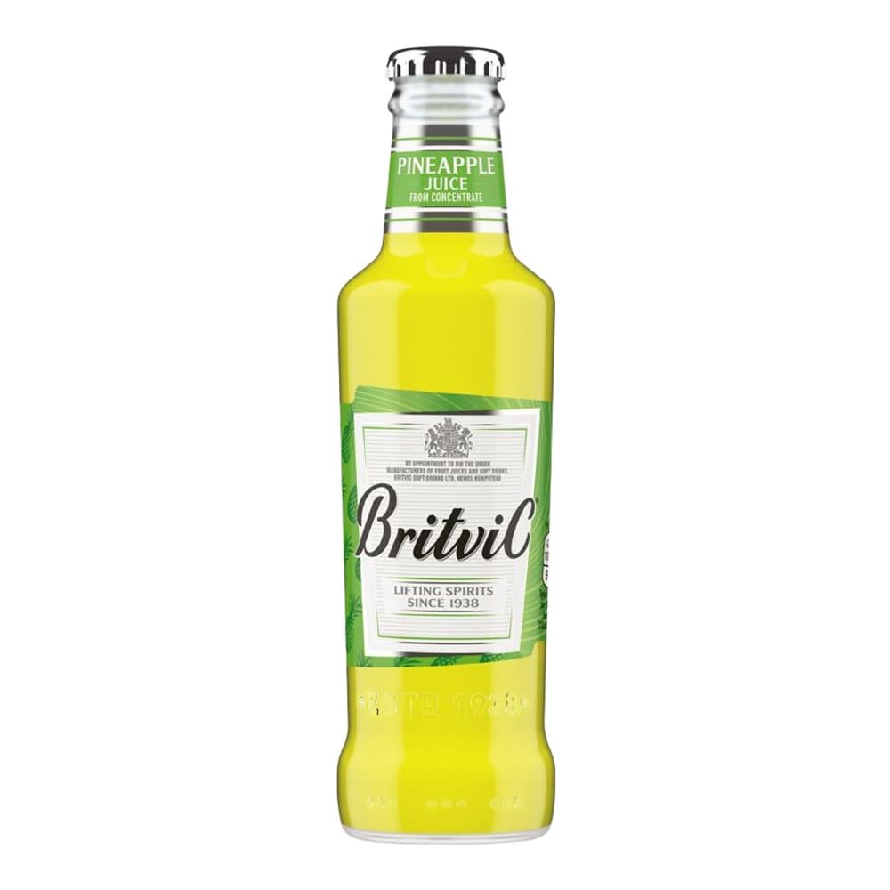 A bottle of Britvic Pineapple Juice from Concentrate with bright yellow liquid, green label, and metal cap on a white background.