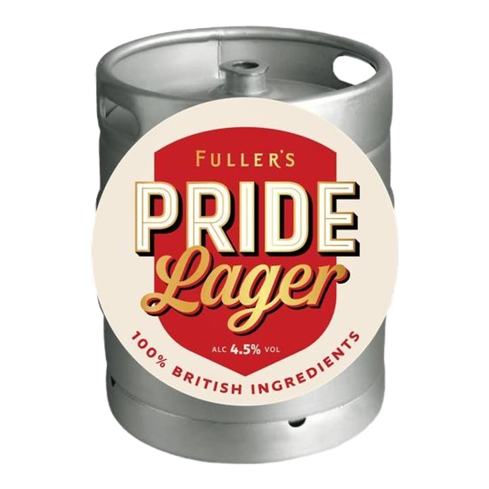 A silver metal beer keg with a cream and red label featuring Fuller's Pride Lager branding and 4.5% alcohol content