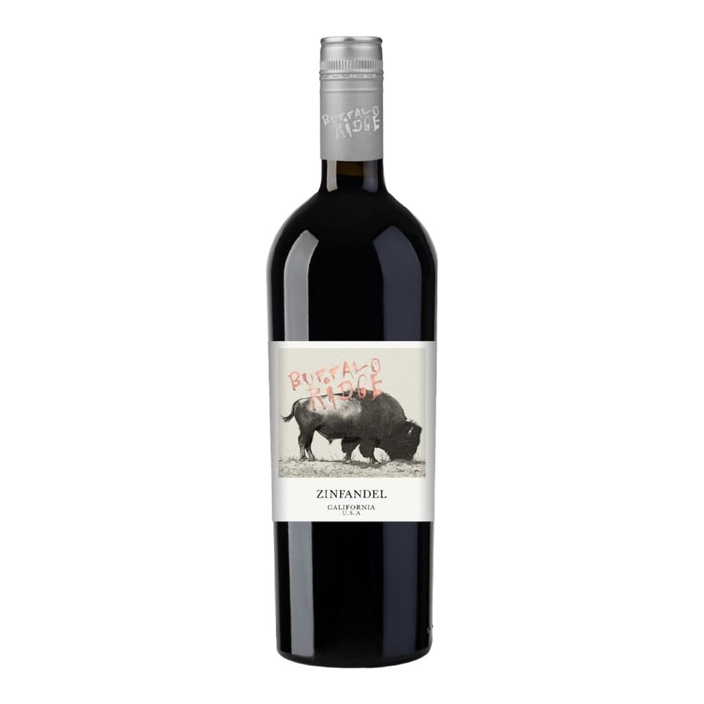A bottle of Buffalo Ridge Zinfandel red wine from California against a white background, featuring a black and white buffalo illustration on the label.