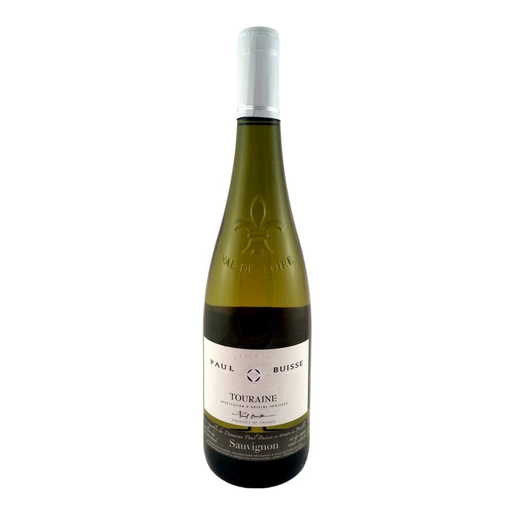 A bottle of Paul Buisse Touraine Sauvignon Blanc white wine with a gold-tinted glass bottle and white label on a plain white background.