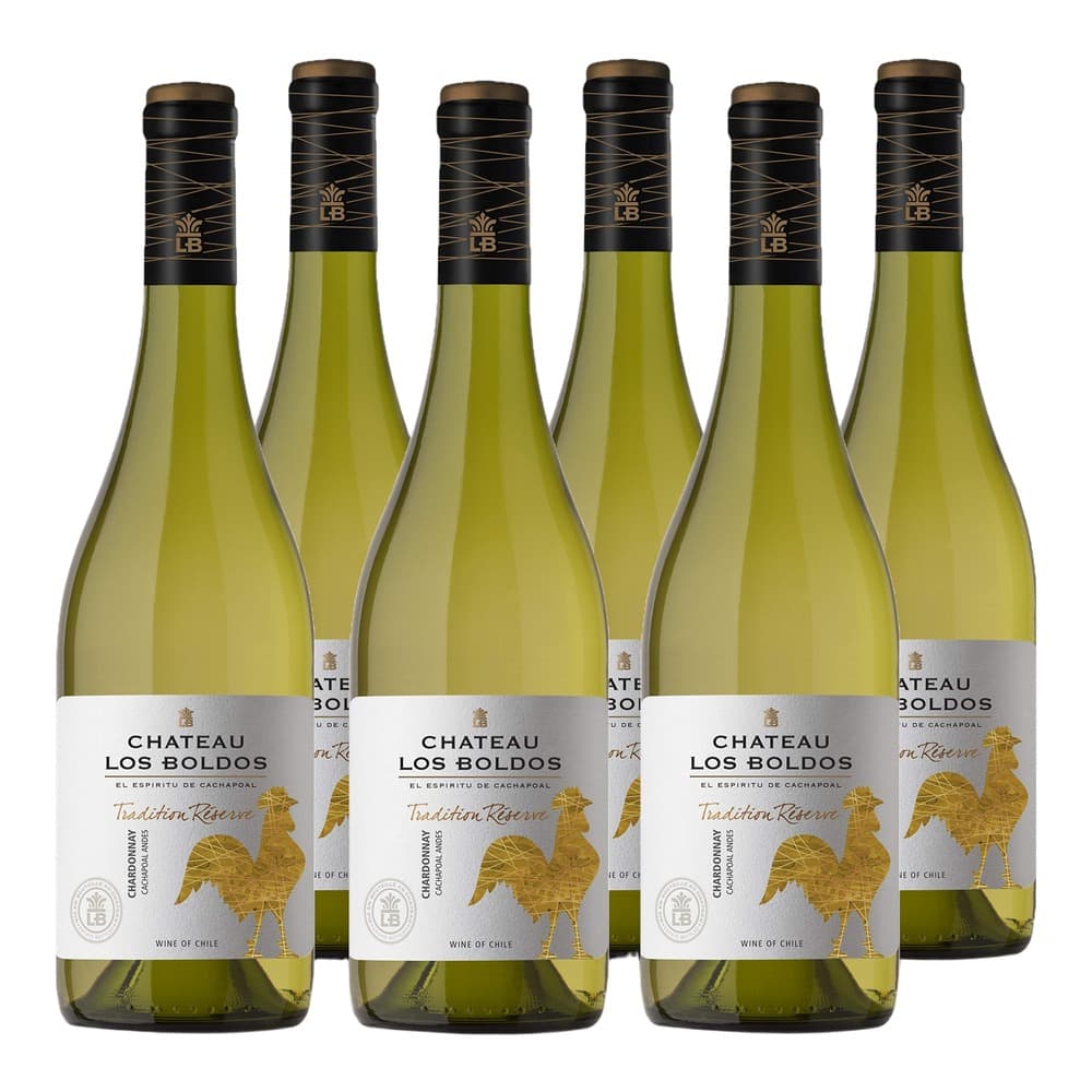 Six bottles of Château Los Boldos Tradition Réserve Chardonnay white wine from Chile arranged in a row against a white background.