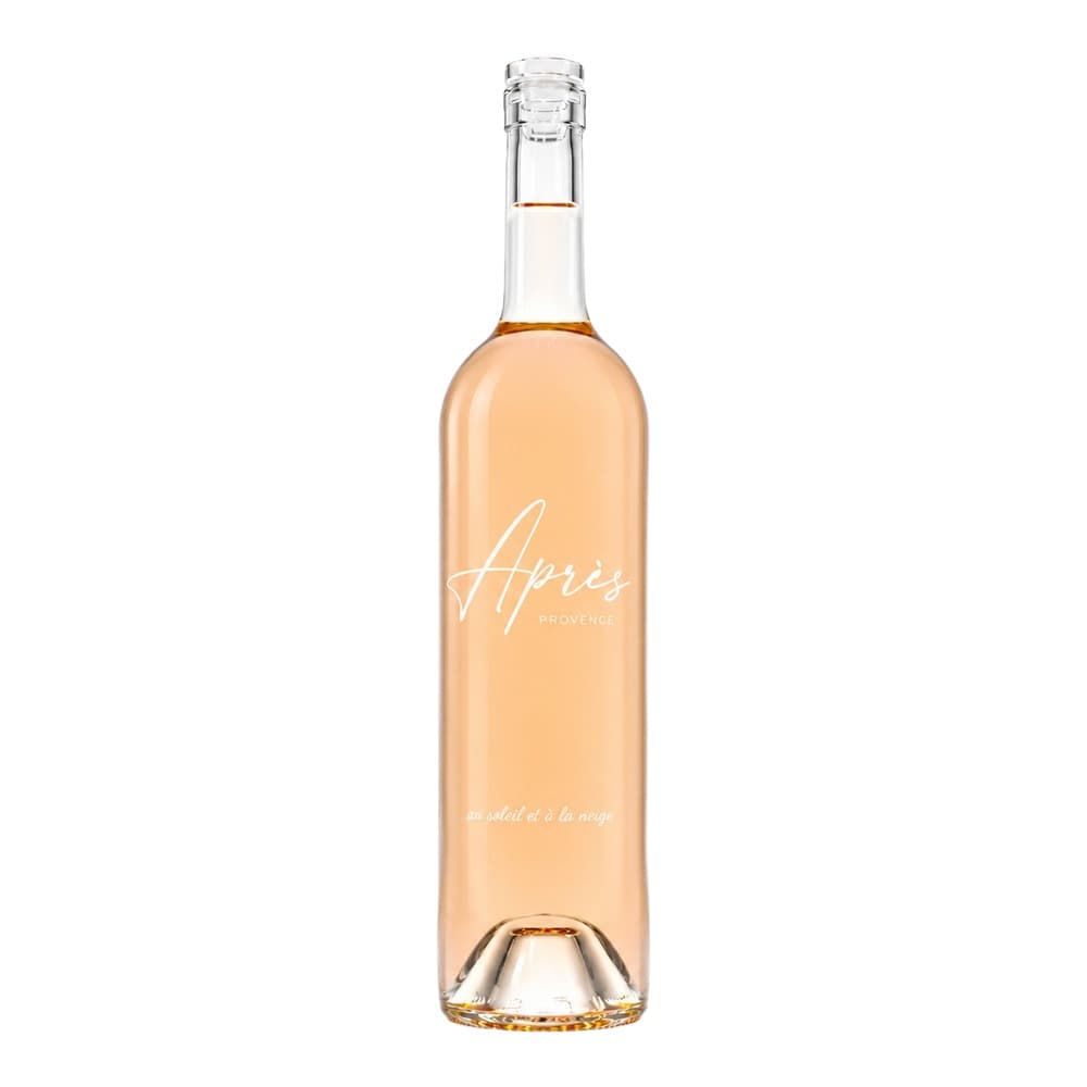 A bottle of Après Provence rosé wine with elegant white script lettering on a pale peachy label, displayed against a plain white background.