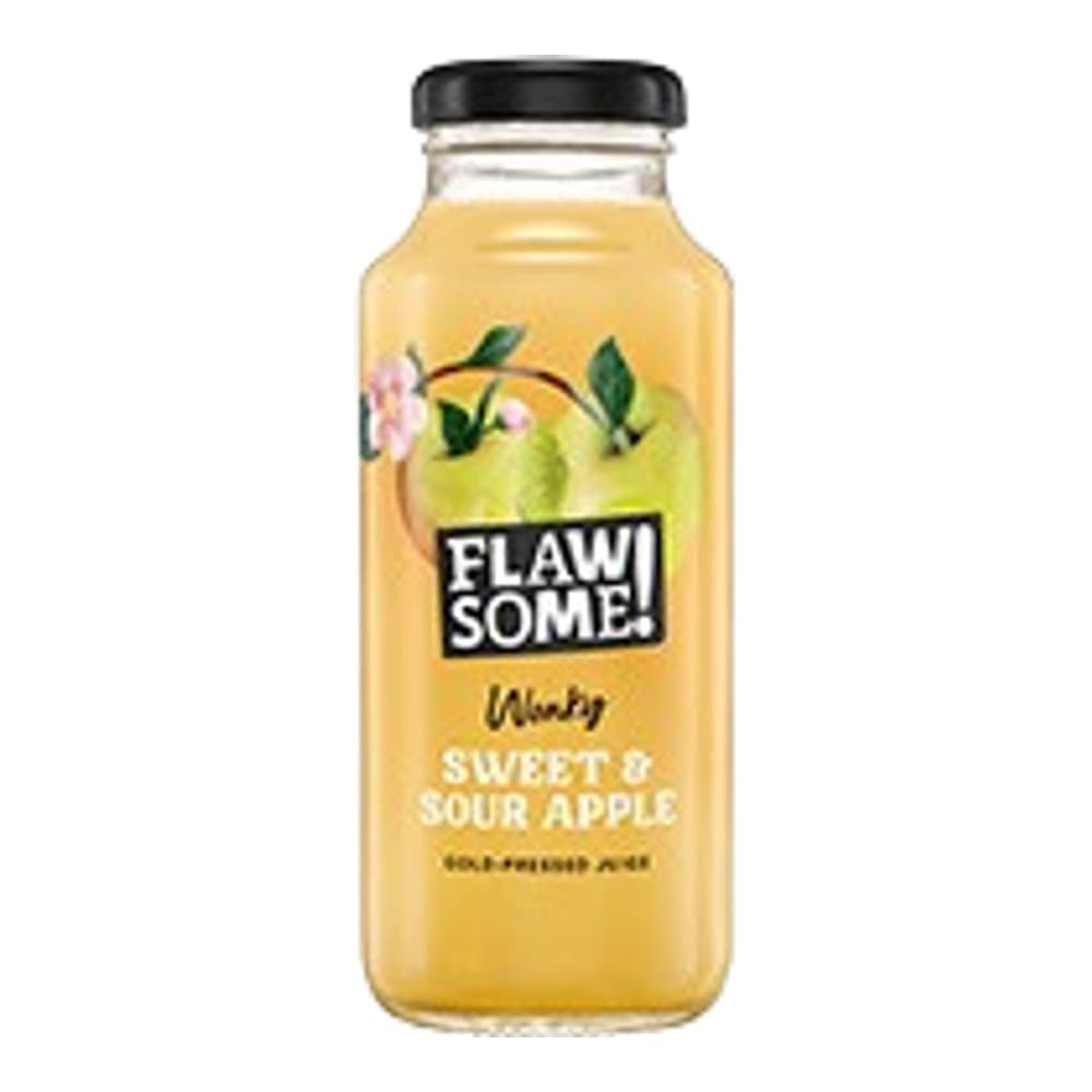 A glass bottle of Flawsome Cloudy Apple juice against a white background, featuring an apple illustration and black cap.