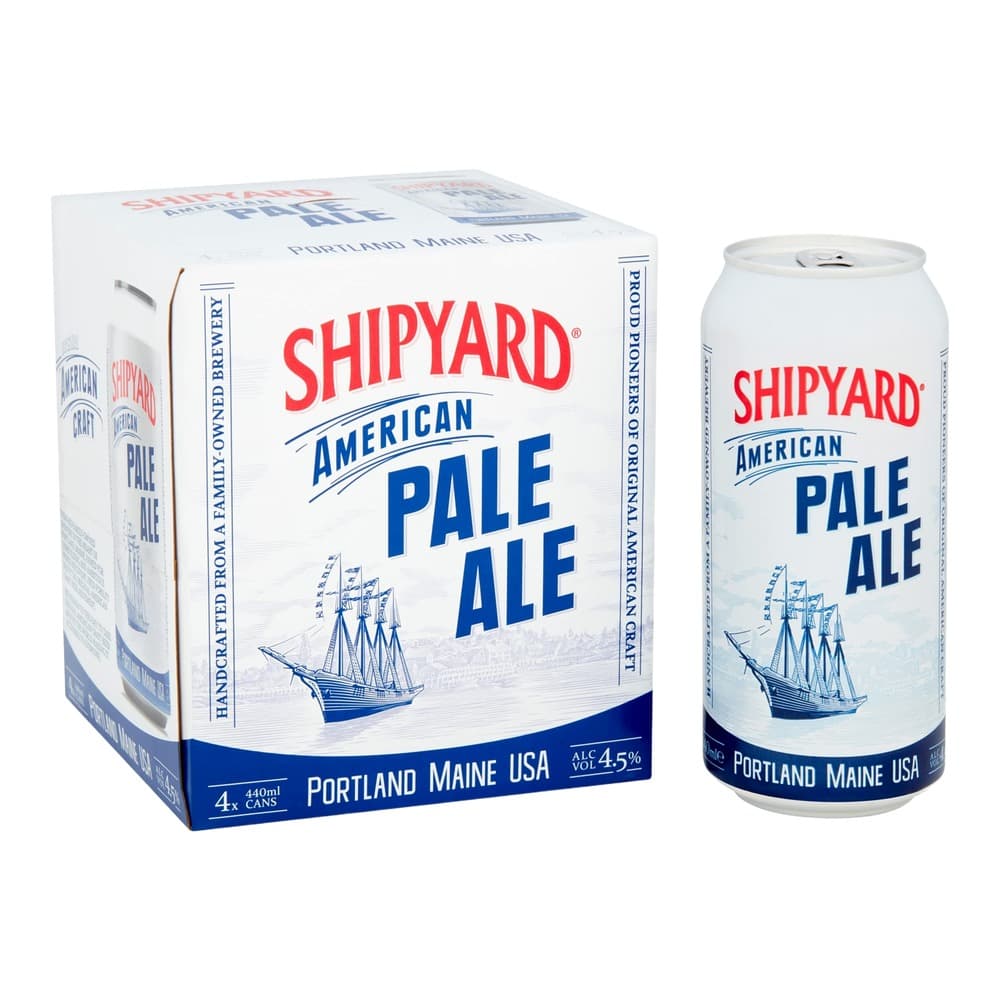 A white cardboard four-pack box and individual 440ml aluminium can of Shipyard American Pale Ale beer from Portland, Maine, displayed against a white background.
