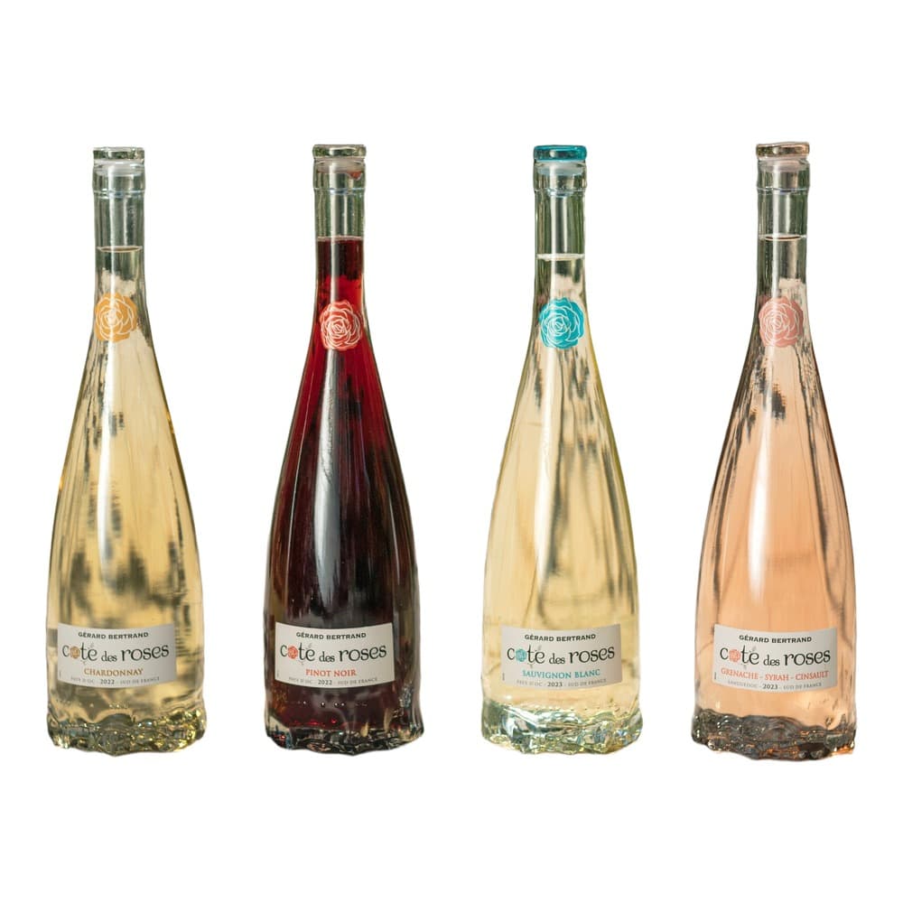 Four bottles of Côté des Roses wine in varying colours displayed outdoors on a stone surface with green foliage in the background.