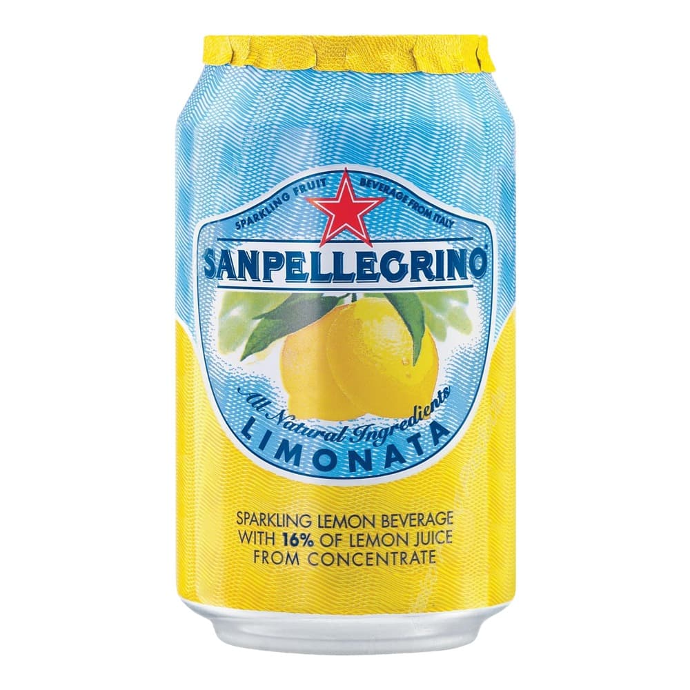 A Sanpellegrino Limonata sparkling lemon beverage can with blue and yellow label, featuring a lemon image and red star logo on white background.