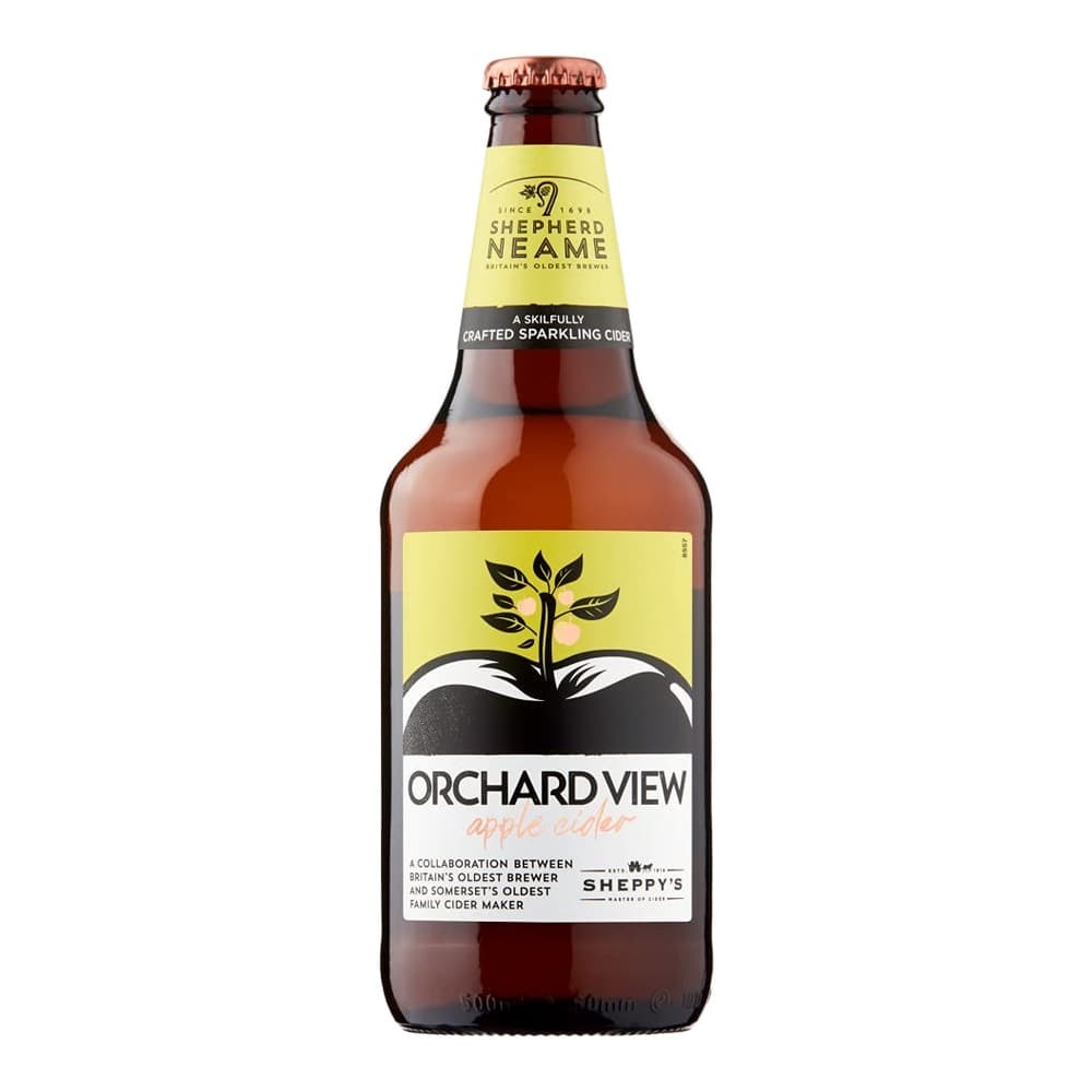 A bottle of Shepherd Neame Orchard View sparkling apple cider on a white background, featuring a yellow and black label with an orchard imagery design.