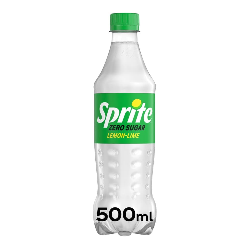 A clear 500ml Sprite Zero Sugar Lemon-Lime bottle with a green label and yellow lemon graphic, featuring a green screw cap, isolated on a white background.