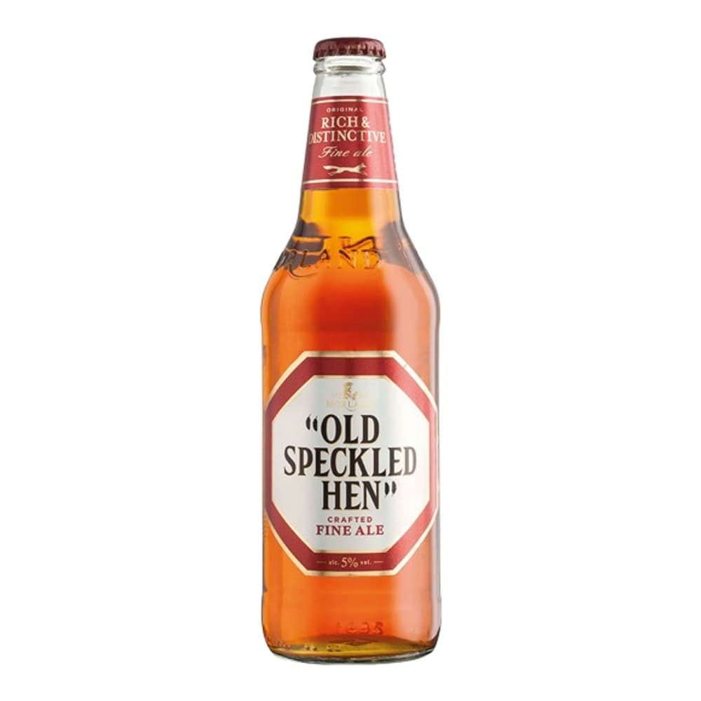 A bottle of Old Speckled Hen Crafted Fine Ale with a red and gold label against a white background.