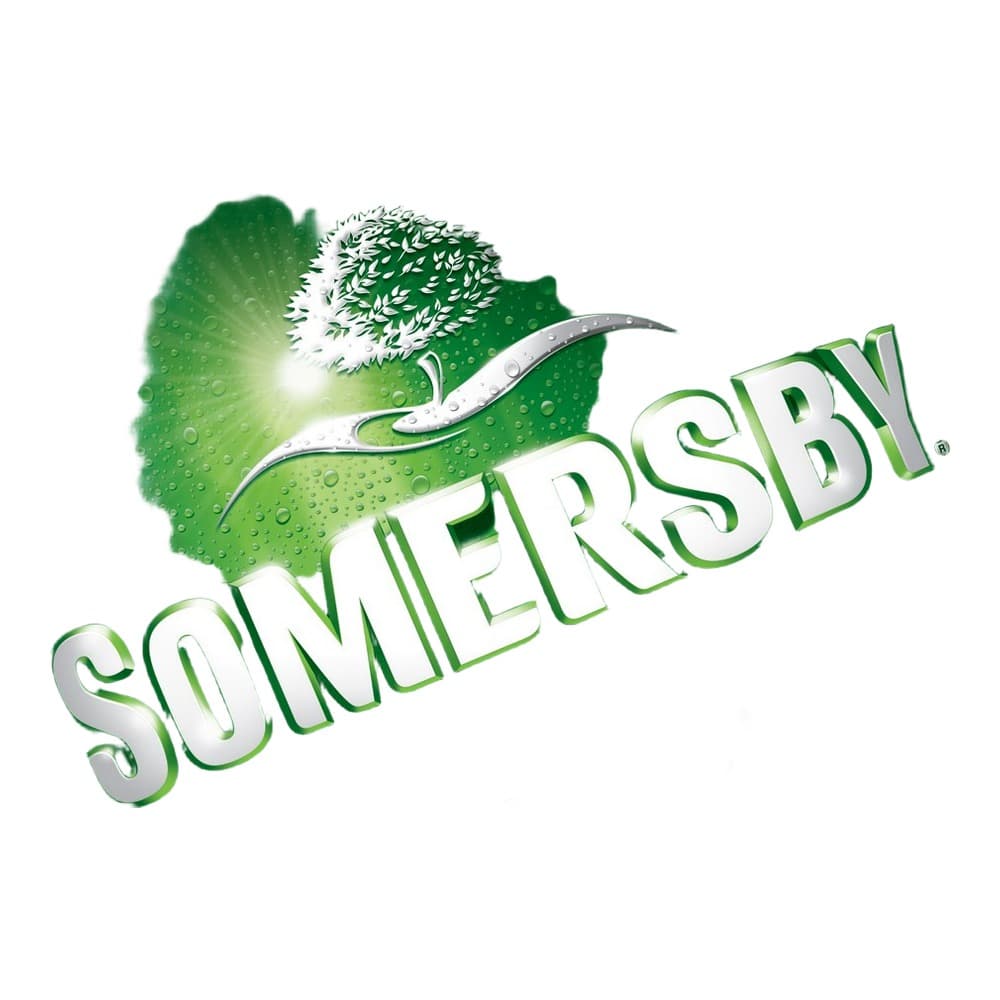 Somersby Cold Filtered Cider logo featuring green background with water droplets, white text, and a hand holding a tree branch illustration