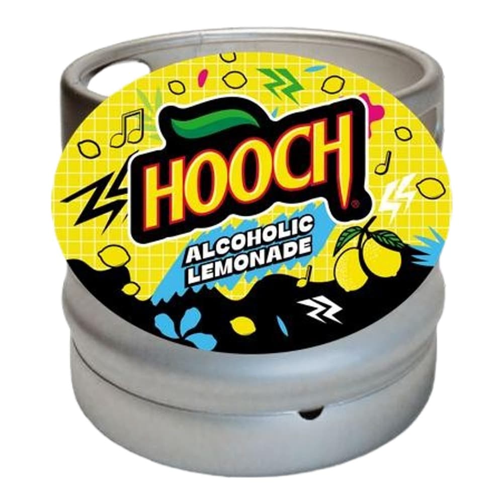A metal keg with a yellow circular label featuring the Hooch brand name and 'Alcoholic Lemonade' text, decorated with lemon illustrations and vibrant graphics.