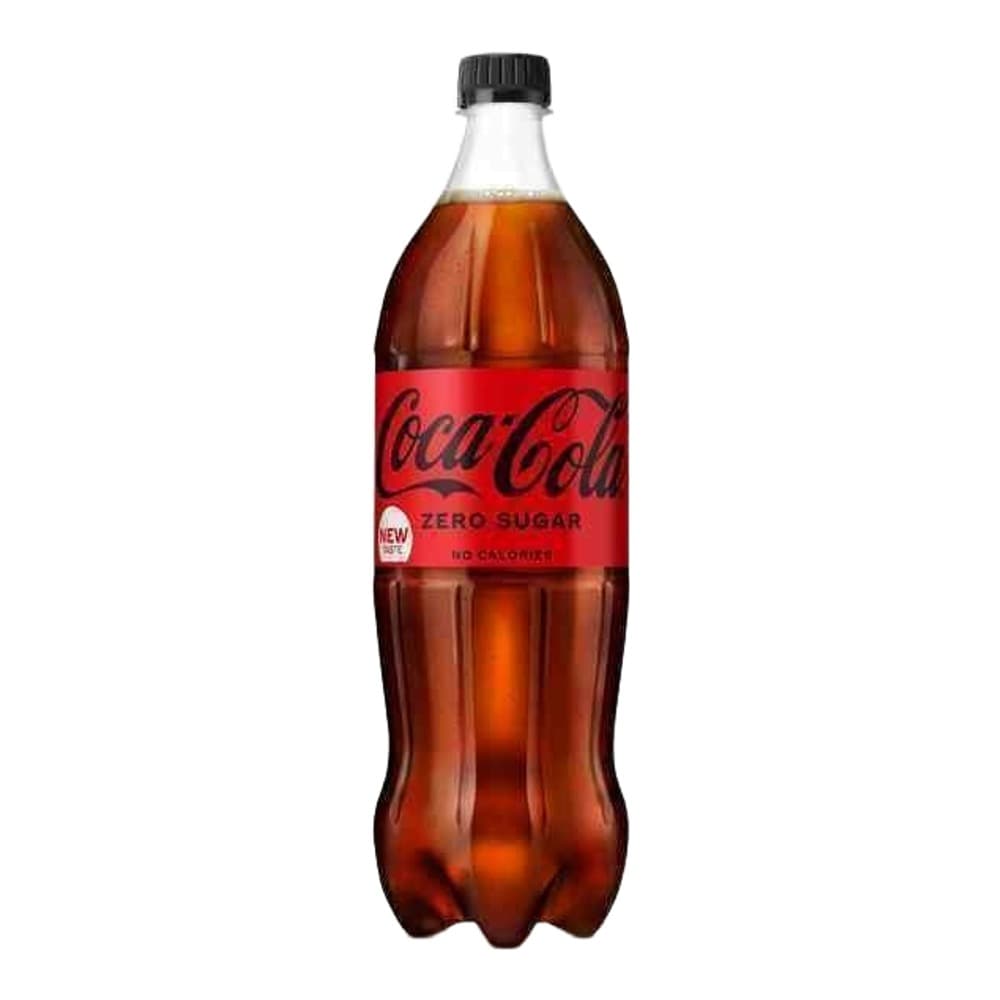 A plastic bottle of Coca-Cola Zero Sugar with a black cap, filled with dark cola liquid, displayed against a white background.