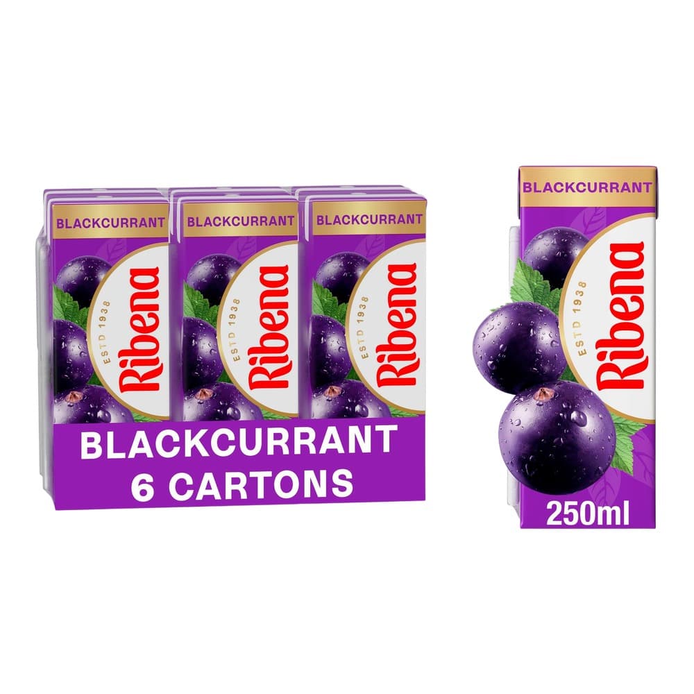 Pack shot of Ribena blackcurrant juice showing a 6-pack of cartons on the left and a single 250ml carton on the right, featuring dark purple blackcurrants and green leaves on a white and purple background.