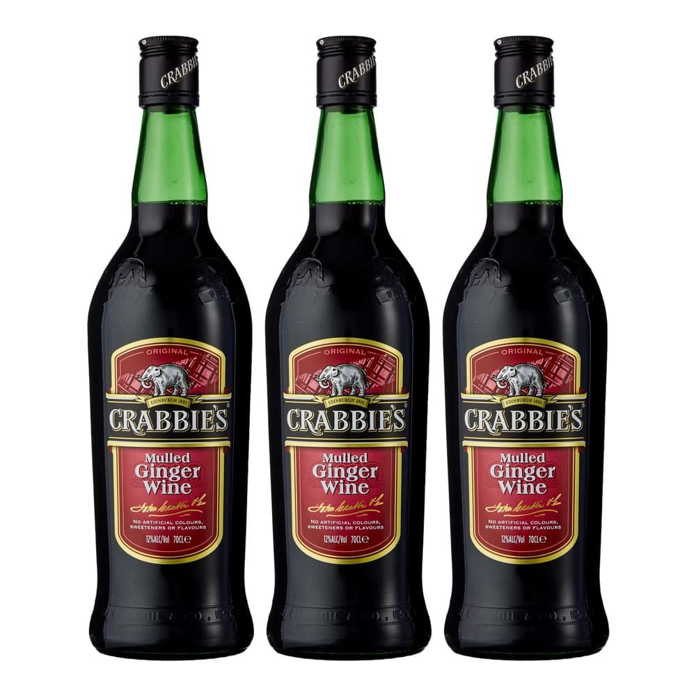 Three bottles of Crabbies Original Mulled Ginger Wine displayed against a plain white background, featuring black labels with red and gold branding and an elephant logo.