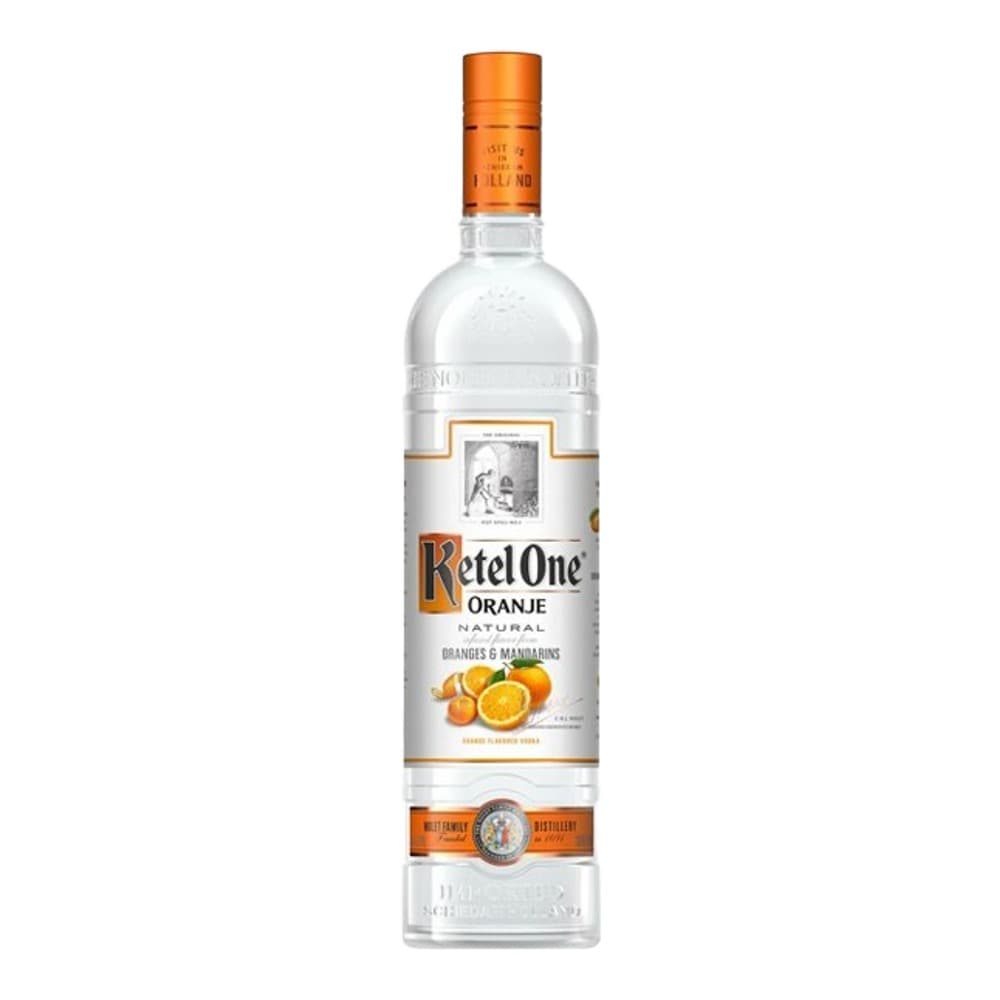 A bottle of Ketel One Oranje vodka with an orange cap and label featuring orange and mandarin fruit imagery on a white background.