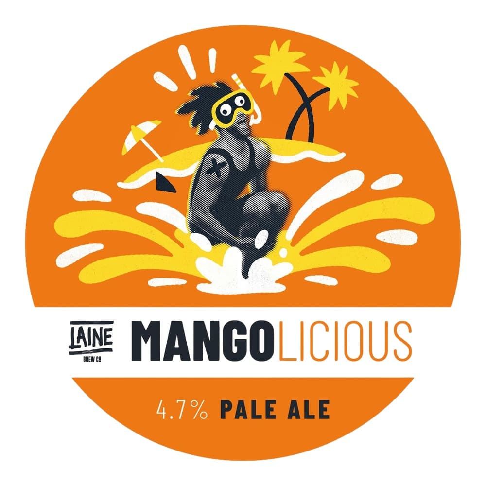 Circular beer label for Mangolicious Pale Ale featuring a cartoon character surfing in mango-coloured waves on an orange background, with Laine Brew Co branding and 4.7% ABV indicated