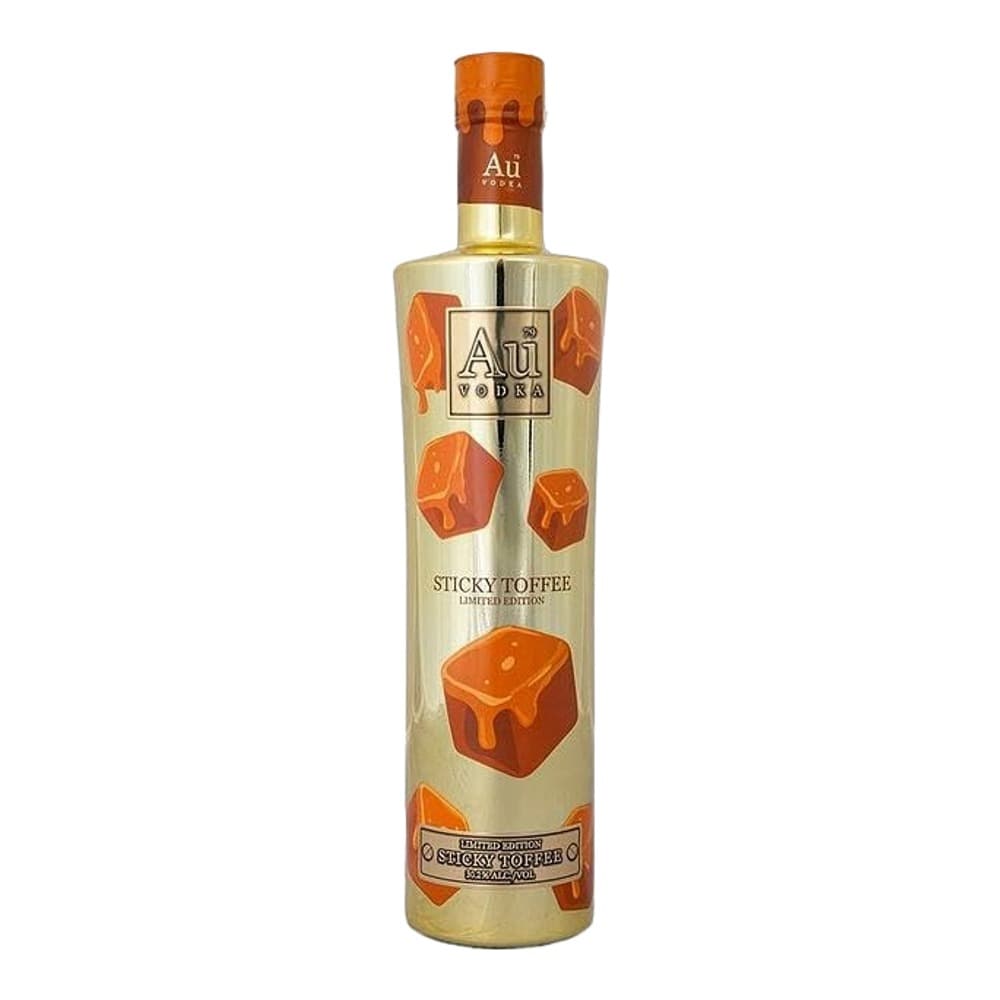 A bottle of Auí Sticky Toffee vodka against a plain white background, featuring an orange and cream label with toffee imagery.