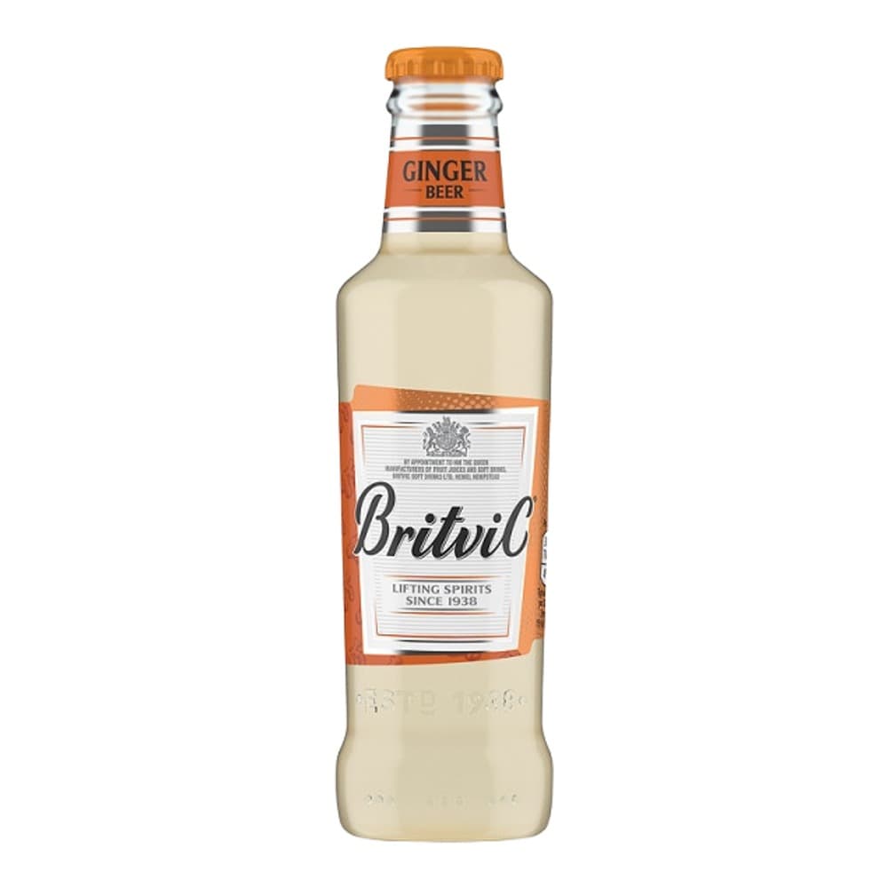 A clear glass bottle of Britvic Ginger Beer with an orange label and cap, isolated on a white background.