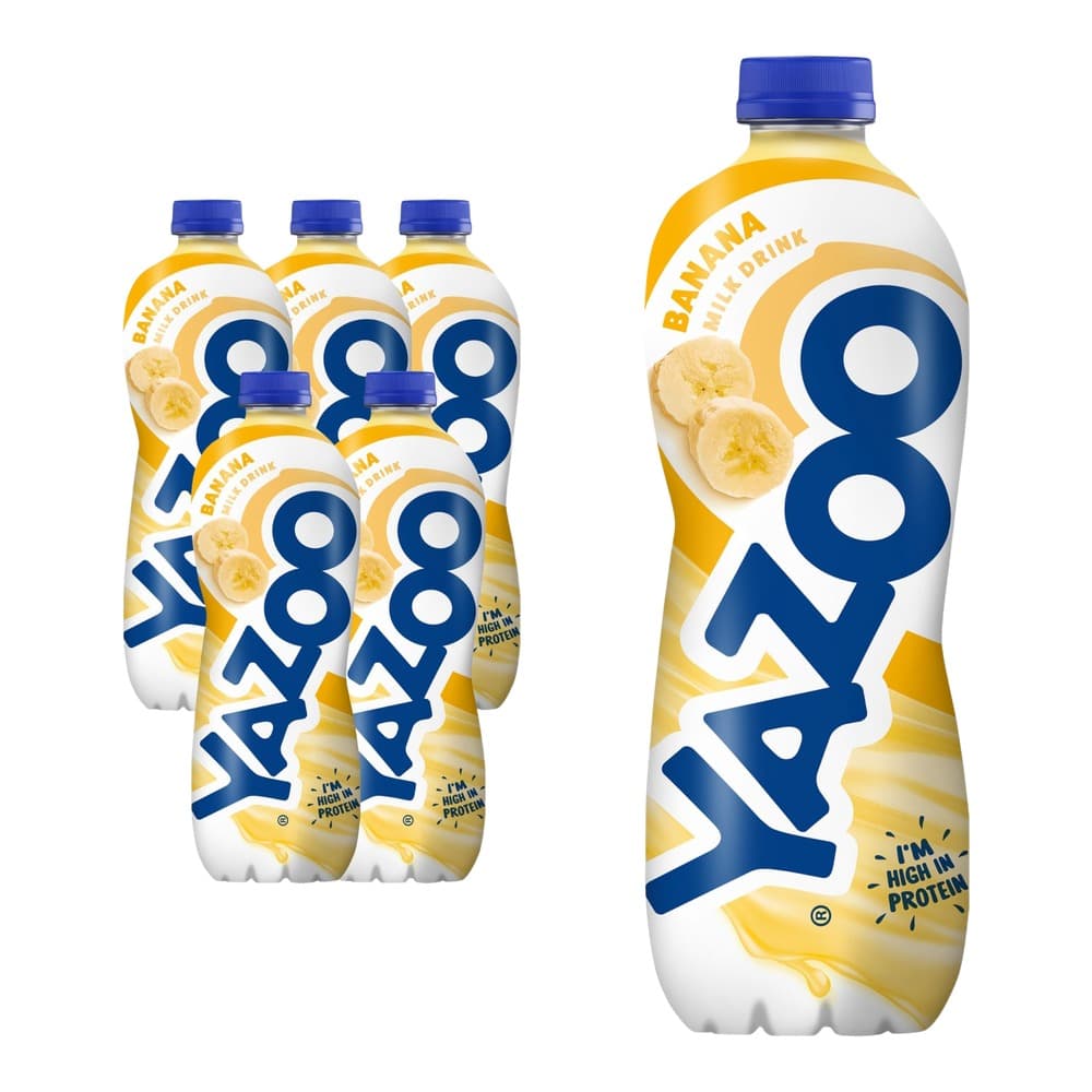 Pack shot of Yazoo banana milkshake bottles showing multiple bottles and a larger single bottle with blue caps and yellow branding on white background