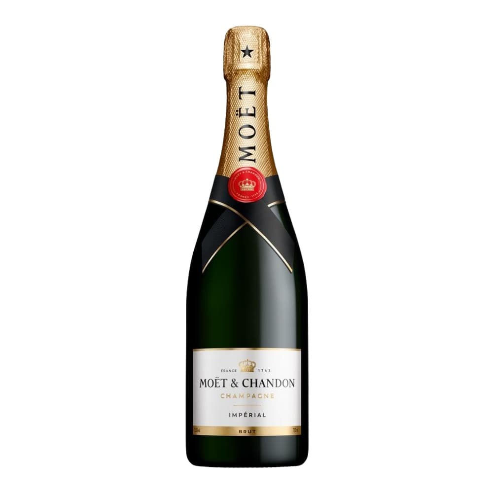 A bottle of Moët & Chandon Impérial Brut Champagne with gold foil top and red seal displayed against a white background