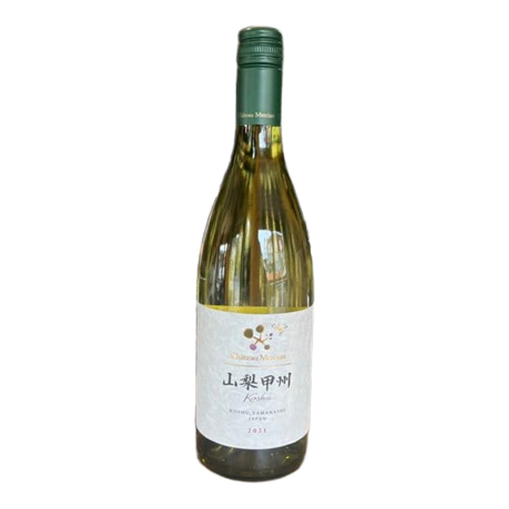 A bottle of white wine with Japanese characters on the label, displayed on a wooden counter in a wine shop with shelves of bottles visible in the background.