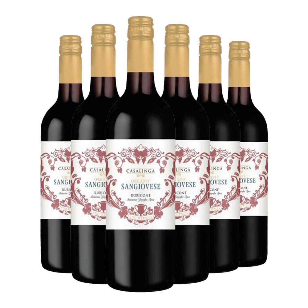 Six bottles of Casalinga Sangiovese Rubicone red wine arranged in rows against a white background, each with a gold foil cap and ornate burgundy label featuring grape vine motifs.