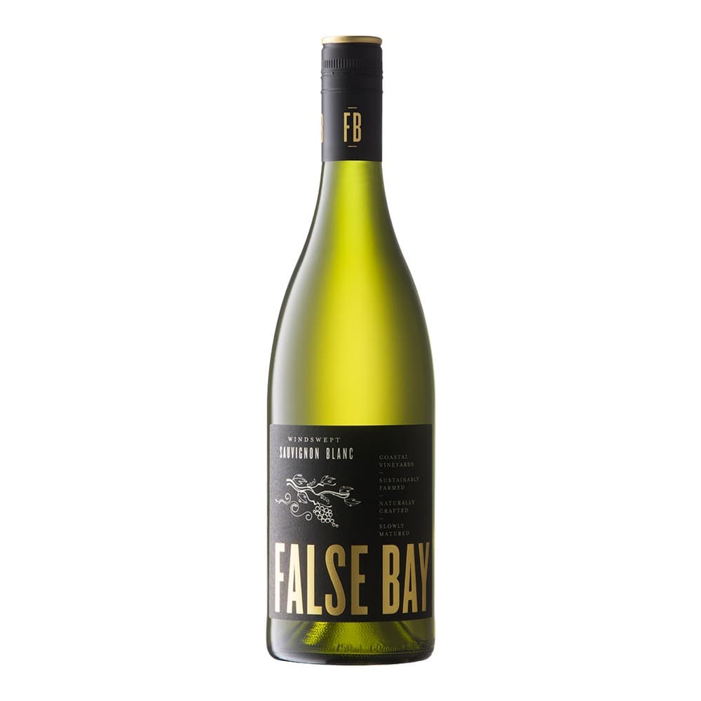 A bottle of False Bay Windswept Sauvignon Blanc white wine with black label and gold accents, displayed against a plain background.