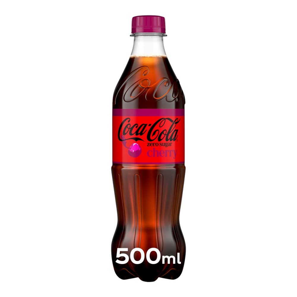 A 500ml bottle of Coca-Cola Zero Sugar Cherry with a magenta cap and red label on a white background