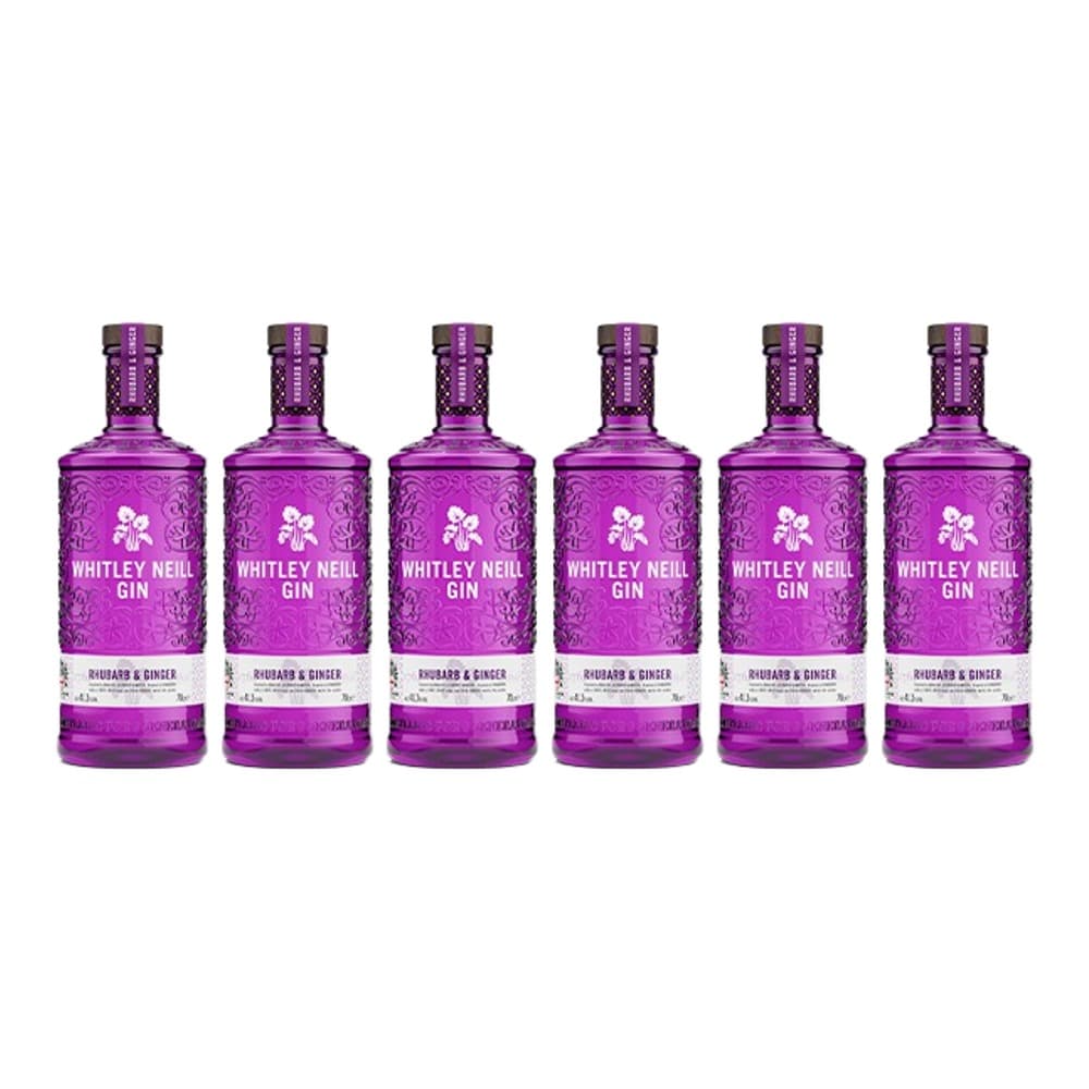 Six bottles of Whitley Neill Rhubarb & Ginger gin arranged in a row against a white background